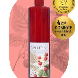 Malinofka ist ein 100%iger Himbeersirup, ausgezeichnet mit den Medaillen Agra 2025 und 'Dobrote slovenskih kmetij'.